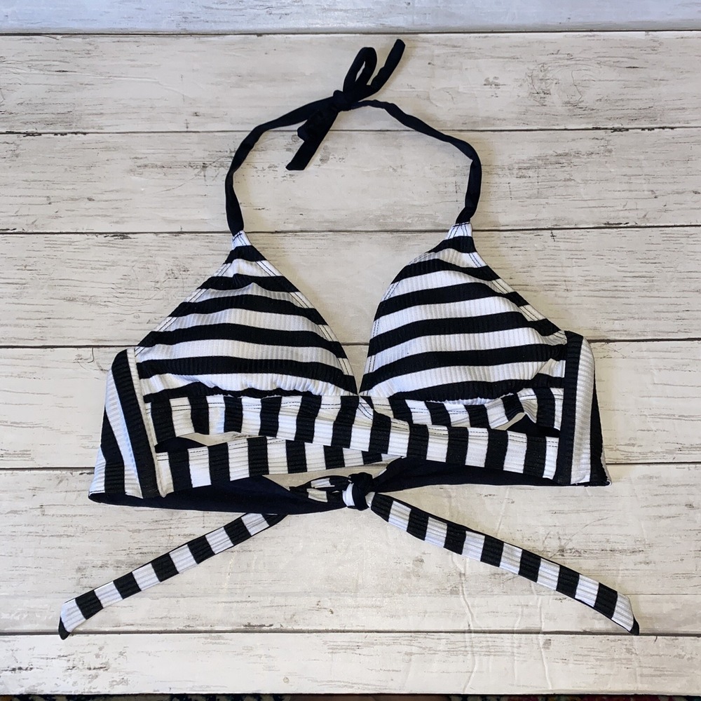 Kona Sol Bikini Top Womens Small Black White Stripe Halter Tie Textured Target S